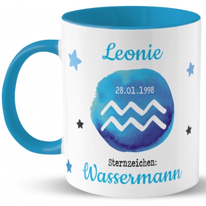 Tasse mit Sternzeichen »Wassermann«, mit Namen und Geburtsdatum, blau