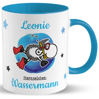 Tasse mit Sternzeichen »Wassermann«, mit Namen und Geburtsdatum, blau