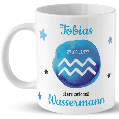 Tasse mit Sternzeichen »Wassermann«, mit Namen und Geburtsdatum, weiß