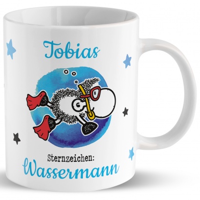 Tasse mit Sternzeichen »Wassermann«, mit Namen und Geburtsdatum, weiß