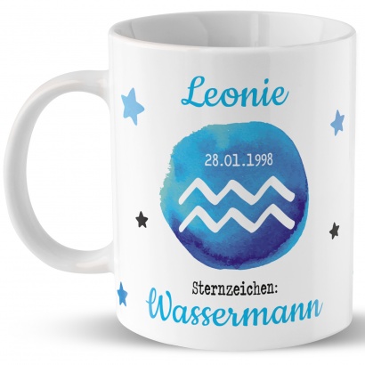 Tasse mit Sternzeichen »Wassermann«, mit Namen und Geburtsdatum, weiß