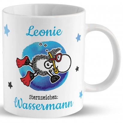 Tasse mit Sternzeichen »Wassermann«, mit Namen und Geburtsdatum, weiß