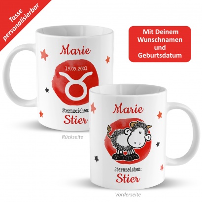 Tasse mit Sternzeichen »Stier«, mit Namen und Geburtsdatum, weiß