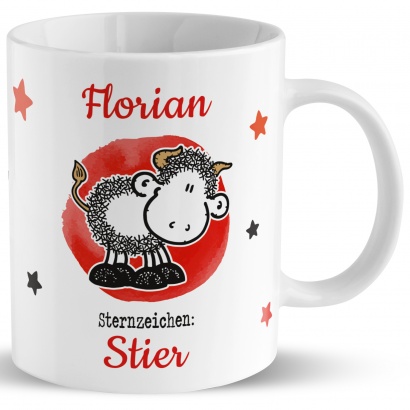 Tasse mit Sternzeichen »Stier«, mit Namen und Geburtsdatum, weiß