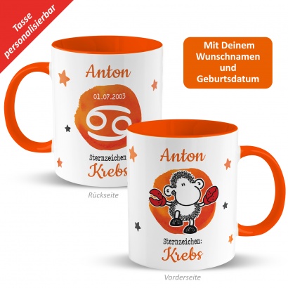 Tasse mit Sternzeichen »Krebs«, mit Namen und Geburtsdatum, orange