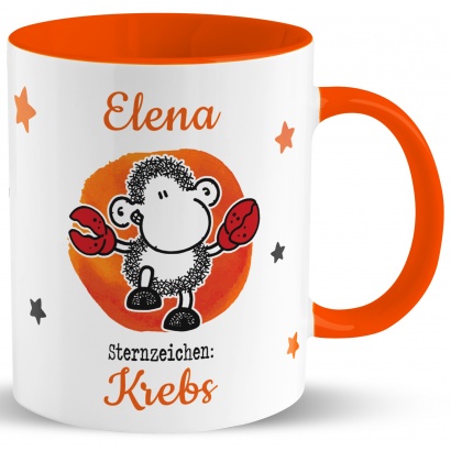 Tasse mit Sternzeichen »Krebs«, mit Namen und Geburtsdatum, orange